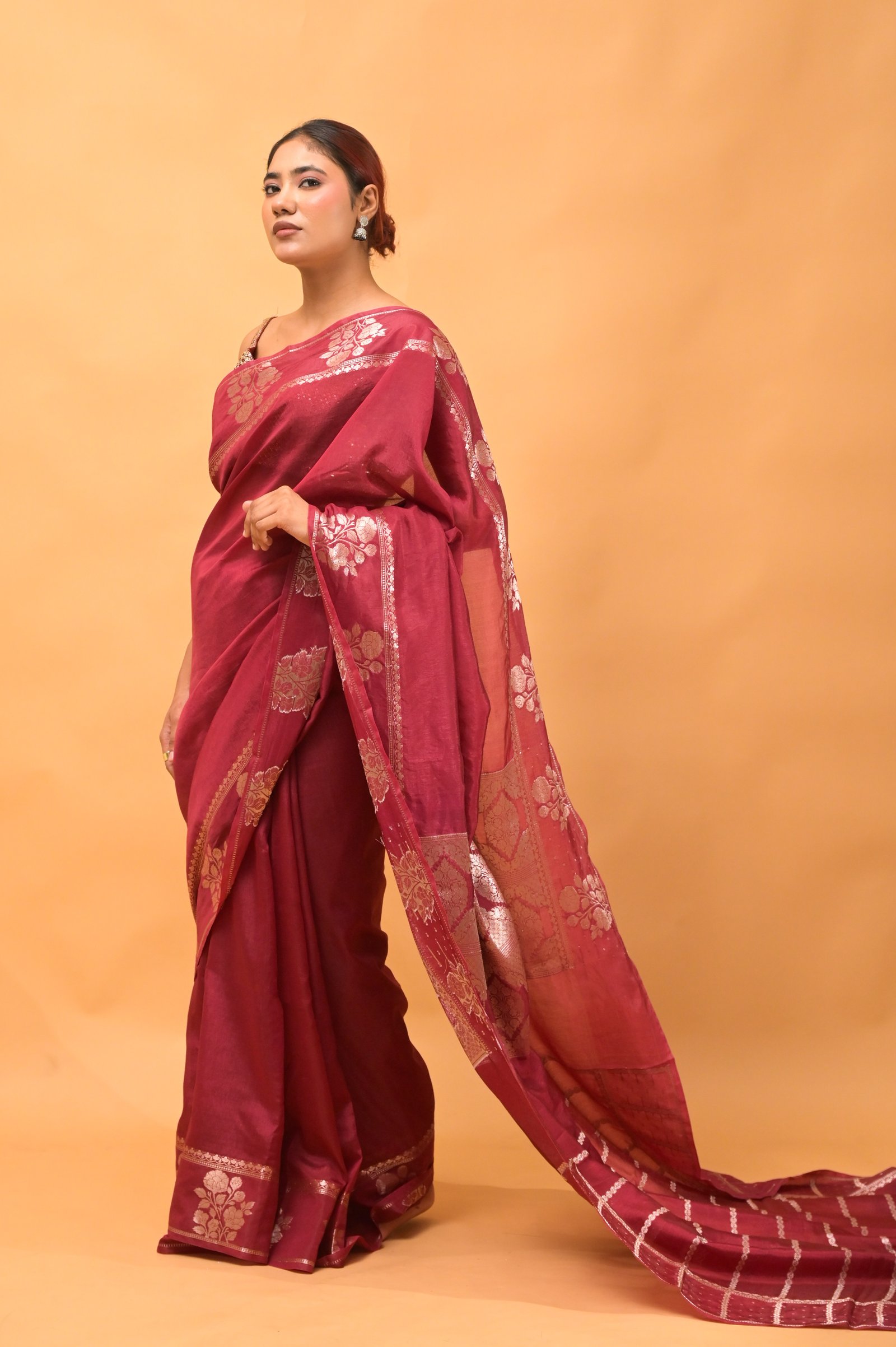Maroon Tussar Silk Saree with Golden Floral Zari Work